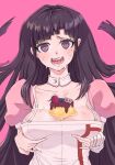  14184576 1girl :d artist_name bandaged_arm bandages black_hair blueberry blunt_bangs blunt_ends blush breasts character_name cleavage collarbone commentary_request crazy_smile danganronpa_(series) danganronpa_2:_goodbye_despair detached_collar dress eyelashes fang floating_hair food food_on_body food_on_breasts fruit furrowed_brow grabbing_own_breast hair_intakes heart heart-shaped_pupils highres large_breasts long_hair looking_at_viewer mole mole_under_eye nurse open_mouth pink_background pink_sleeves pudding puffy_short_sleeves puffy_sleeves purple_eyes short_sleeves sidelocks simple_background skin_fang sleeveless sleeveless_dress smile solo strawberry sweat symbol-shaped_pupils teeth tsumiki_mikan upper_body very_long_hair white_dress 