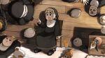 6+girls :< absurdres bendy_straw bird black_shoes blonde_hair blue_eyes brown_eyes brown_hair burger cat chair chicken chocolate_chip_cookie clumsy_nun_(diva) commentary cookie cup diva_(hyxpk) drinking_straw duck english_commentary food froggy_nun_(diva) from_above grey_hair handstand highres hungry_nun_(diva) juice little_nuns_(diva) mouse_(animal) mouse_hole multiple_girls nun pointing sheep_nun_(diva) shoes spicy_nun_(diva) spill strict_nun_(diva) traditional_nun upside-down yellow_eyes 
