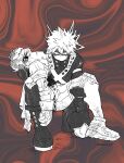  2boys abstract_background alternate_universe bakugou_katsuki black_background blood blood_on_clothes blood_on_face blood_on_neck blood_stain bodysuit boku_no_hero_academia boots cape carrying carrying_person commentary_request constricted_pupils corpse death despair eye_mask eyebrows_visible_through_headband freckles full_body gloves greyscale_with_colored_background hair_between_eyes hatching_(texture) headgear high_collar highres invisible_floor knee_boots knee_pads linear_hatching male_focus mask midoriya_izuku multicolored_gloves multiple_boys nikaidou_iroha no_mouth no_pupils on_one_knee pants pants_tucked_in partial_commentary princess_carry red_background short_hair single_horizontal_stripe spiked_hair spoilers tsurime twitter_username two-sided_gloves two-tone_gloves wide-eyed x_(symbol) 