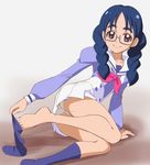  ass barefoot blue_hair braid glasses go!_princess_precure grey-framed_eyewear hair_over_shoulder haruyama_kazunori long_hair nanase_yui noble_academy_school_uniform panties precure red_eyes school_uniform semi-rimless_eyewear skirt smile socks socks_removed solo twin_braids twintails under-rim_eyewear underwear white_panties white_skirt 