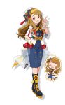  1girl arm_behind_back beret black_boots blue_bow blue_skirt boots bow brown_eyes brown_hair celestella_unison_(idolmaster) chibi chibi_inset contrast_lapels full_body hand_up hat hat_bow high_heel_boots high_heels idolmaster idolmaster_million_live! idolmaster_poplinks index_finger_raised jacket knee_boots lapels long_hair looking_at_viewer miyao_miya official_alternate_costume official_art open_mouth plaid_clothes plaid_lapels second-party_source simple_background single_wrist_cuff skirt smile solo standing transparent_background white_hat white_jacket wrist_cuffs 