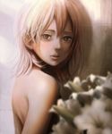  arms_behind_back bad_id bad_pixiv_id black_eyes blurry depth_of_field flower highres light lips looking_at_viewer looking_back muted_color nude open_mouth original pink_hair sho_(shoichi-kokubun) solo upper_body wall 