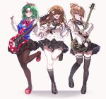  3girls bass_guitar black_neckerchief black_sailor_collar black_shoes black_skirt black_socks black_thighhighs blue_sweater_vest bow bowtie breasts brown_hair brown_pantyhose closed_mouth commentary_request curly_hair electric_guitar full_body green_hair grin guitar hair_bun hands_up highres holding holding_bass_guitar holding_guitar holding_instrument idolmaster idolmaster_million_live! instrument kneehighs korean_commentary leg_up long_hair looking_at_viewer m1ya_p miniskirt miyao_miya multiple_girls neckerchief one_eye_closed outstretched_hand pantyhose pleated_skirt print_skirt red_bow red_bowtie red_eyes red_shoes sailor_collar sailor_shirt school_uniform shirt shoes side-by-side sidelocks simple_background single_hair_bun skirt smile socks standing standing_on_one_leg sweater_vest tenkubashi_tomoka thighhighs tokugawa_matsuri white_background white_shirt 