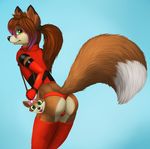  2015 anthro braided_hair butt canine clothed clothing fur girly green_eyes hair jamesfoxbr legwear looking_at_viewer looking_back male mammal multicolored_hair rear_view simple_background smile solo stockings two_tone_hair wolf 