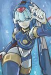  1girl :d android armor blue_armor blue_helmet blue_thighhighs breasts cowboy_shot fairy_leviathan_(mega_man) fins forehead_jewel head_fins helmet highres holding holding_behind_back holding_polearm holding_polearm_behind_back holding_weapon holding_weapon_behind_back looking_at_viewer mega_man_(series) mega_man_zero_(series) polearm raica_(khongbautroi) smile solo spear thighhighs underwater weapon 