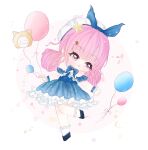  1girl :o animal-shaped_balloon balloon bare_shoulders beret black_shoes blue_bow blue_bowtie blue_choker blue_dress blue_sleeves blue_wrist_cuffs blunt_bangs bow bow_choker bowtie bubbly_voyage_(infinity_nikki) character_balloon chibi chinese_commentary choker circle collared_dress commentary_request confetti detached_sleeves dot_nose downturned_eyes dress elan_(xinjinjumin113890656090) eyelashes frilled_choker frilled_dress frilled_socks frilled_wrist_cuffs frills hair_ornament hair_rings hairclip hat hat_bow hat_ornament highres holding holding_balloon infinity_nikki leg_up light_blush light_particles looking_to_the_side medium_dress medium_hair momo_(nikki) nikki_(nikki) nikki_(series) open_mouth pink_background pink_eyes pink_hair rabbit_hair_ornament redrawn shoes short_sleeves socks solo star_(symbol) star_hat_ornament strapless strapless_dress surprised two-tone_background white_background white_hat white_socks wrist_cuffs 