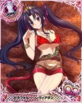  black_hair bra breasts card_(medium) character_name chess_piece cleavage crown hair_ribbon high_school_dxd jewelry king_(chess) large_breasts long_hair looking_at_viewer lying necklace official_art on_back panties purple_eyes purple_ribbon red_bra red_panties ribbon see-through serafall_leviathan sideboob smile solo torn_clothes trading_card twintails underboob underwear very_long_hair 