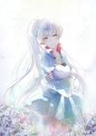  blue_eyes crossed_arms emo_(ricemo) flower highres jewelry long_hair necklace ponytail rwby scar scar_across_eye side_ponytail solo very_long_hair weiss_schnee white_hair 