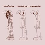 1:1 2026 absurd_res accessory ahoge anthro big_ears big_eyes bottomwear bow_ribbon ceaches clothing english_description english_text female glitch_productions gloves gooseworx's_post-transition_jax_design hair hair_accessory hair_bow hair_ribbon handwear hi_res jax_(tadc) lagomorph legwear leporid long_hair long_sleeve_shirt mammal overalls pattern_clothing pattern_legwear pattern_shirt pattern_thigh_highs pattern_topwear rabbit ribbons shirt skirt solo standing striped_clothing striped_legwear striped_shirt striped_thigh_highs striped_topwear stripes text the_amazing_digital_circus thigh_highs topwear trans_(lore) trans_woman_(lore)