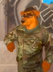 2021 air_force anthro biped camo camo_clothing camo_print canid canine cheek_tuft clothing curly_hair detailed_background digital_media_(artwork) digital_painting_(artwork) english_text eyebrows eyewear facial_tuft flower fur glasses graffiti hair half-length_portrait hi_res humanoid_hands looking_at_viewer male mammal mighty-whydah military military_uniform outside painting_(artwork) pattern_clothing plant portrait red_eyes short_hair soldier solo sweater text topwear tuft uniform warrior