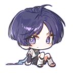  1boy antenna_hair arm_at_side black_bodysuit black_sandals black_shorts blue_kimono blunt_ends bodysuit chibi chibi_only closed_mouth commentary eyeliner furisode genshin_impact japanese_clothes juban kimono leg_warmers looking_at_viewer makeup male_focus open_clothes open_kimono parted_bangs purple_eyes purple_hair purple_pupils red_eyeliner rira_archive sandals scaramouche_(genshin_impact) short_sleeves shorts sitting solo toeless_legwear untranslatable_commentary wanderer_(genshin_impact) white_background white_kimono white_leg_warmers white_sleeves zouri 