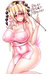  alternate_costume apron blonde_hair breasts cleavage covered_navel covered_nipples harumi_(harumix) hat heart heart-shaped_pupils huge_breasts junko_(touhou) ladle large_breasts long_hair looking_at_viewer naked_apron red_eyes shiny shiny_skin smile solo symbol-shaped_pupils tareme touhou 