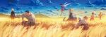  2boys 6+girls absurdres artist_request azad_(maidragon) back-to-back beads black_coat black_hair black_hairband black_tank_top blonde_hair blue_sky breasts cloud coat commentary_request day dragon_girl dragon_horns dragon_tail dress drill_hair elbow_gloves elma_(maidragon) facial_hair frilled_dress frills gloves gradient_hair hair_beads hair_ornament hairband hat head_rest headband highres holding holding_sword holding_weapon horns horns_through_headwear ilulu_(maidragon) kanna_kamui kimun_kamui_(maidragon) kobayashi-san_chi_no_maidragon kobayashi_(maidragon) large_breasts long_dress long_hair lucoa_(maidragon) maid_headdress medium_hair mountainous_horizon multicolored_hair multiple_boys multiple_girls mustache_stubble official_art outdoors pink_dress pink_hair pink_hat ponytail purple_hair shirt_partially_tucked_in short_shorts shorts single_horn sitting sky smile stubble sword tail tank_top tohru_(maidragon) twin_drills twintails very_long_hair weapon wheat_field white_gloves white_headband 