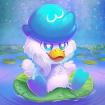  1other artist_name beak bird bird_wings closed_mouth commentary duck english_commentary eric_proctor highres lily_pad no_humans pokemon pokemon_(creature) quaxly sitting smile webbed_feet wings 