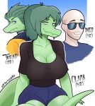 aged_up anthro artist_name bald baryonyx beard big_breasts black_clothing black_shirt black_topwear blue_bottomwear blue_clothing blue_eyes blue_shirt blue_shorts blue_topwear boldvcity bottomwear breasts canon_couple cavemanon_studios character_name clothed clothed_anthro clothed_female clothed_human clothed_male clothing colored digital_media_(artwork) dinosaur eyebrows eyewear facial_hair father_(lore) father_and_child_(lore) father_and_son_(lore) female fingers front_view frown green_body green_hair group hair human human_on_anthro humanoid_hands i_wani_hug_that_gator inco_(iwhtg) interspecies long_hair looking_at_viewer male mammal mature_anthro mature_female mature_human mature_male mother_(lore) mother_and_child_(lore) mother_and_son_(lore) non-mammal_breasts olivia_halford parent_(lore) parent_and_child_(lore) parent_and_son_(lore) prehistoric_species raised_inner_eyebrows reptile saurischian scalie shaded shirt shorts smile son_(lore) spinosaurid sunglasses text theropod topwear trent_(iwhtg) trio yellow_sclera