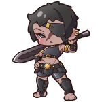  1girl absurdres bare_shoulders black_hair black_shirt black_shorts black_socks blush chibi closed_mouth commentary_request crop_top dark-skinned_female dark_skin ear_piercing eyepatch full_body grey_eyes highres holding holding_behind_back holding_sword holding_sword_behind_back holding_weapon holding_weapon_behind_back kneehighs leo_(zodiac) midriff no_shoes original piercing saishosaisekojo scar scar_on_face scar_on_stomach shirt short_hair shorts simple_background socks solo standing stirrup_legwear sword toeless_legwear weapon white_background zodiac 