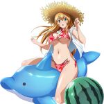  1girl :o aqua_eyes ball beachball bikini blush breasts brown_hat cleavage drawstring embarrassed floral_print game_asset hands_up hat ikkitousen ikkitousen_extra_burst inflatable_dolphin inflatable_toy jacket large_breasts long_hair looking_at_viewer navel non-web_source official_art open_clothes open_jacket open_mouth orange_hair print_bikini red_bikini self-datamine side-tie_bikini_bottom simple_background sitting sleeves_rolled_up solo sonsaku_hakufu_(ikkitousen) straddling straw_hat swimsuit torn_bikini torn_clothes torn_jacket transparent_background underboob variant_set watermelon_beachball wet white_jacket wide_brim 