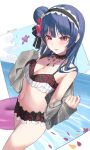  1girl absurdres bare_shoulders black_kimono breasts cleavage closed_mouth collarbone commentary_request fallen_angel floral_print floral_print_kimono flower hair_between_eyes hair_bun hair_flower hair_ornament highres japanese_clothes kimono kuro11kii long_hair looking_at_viewer love_live! love_live!_sunshine!! medium_breasts navel pink_eyes print_kimono red_flower single_hair_bun single_side_bun solo stomach swimsuit tongue tongue_out tsushima_yoshiko 