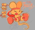 2026 ambiguous_gender angry anthro blush blush_lines bottomwear boxing_gloves clothed clothing english_text eyes_closed featureless_chest female_(lore) flat_chested foikun fur handwear kerchief mammal mouse murid murine open_mouth orange_(deltarune) orange_body orange_fur pawpads paws rodent simple_background sitting solo tail text topless