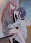  2girls ayatsumugi_roka barefoot blue_eyes cho_kaguya-hime! commentary_request couple english_commentary green_eyes grey_hair hickey highres indoors jewelry logo long_hair medium_hair mole mole_under_eye multiple_girls necktie pink_hair reitai-san ring sakayori_iroha sitting wedding_ring wife_and_wife yuri 