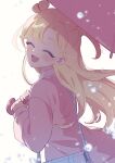  1girl bag blonde_hair cardigan closed_eyes commentary_request double_bun facing_viewer hair_bun highres holding holding_umbrella konomi_inori long_hair long_sleeves onegai_aipri open_mouth pink_cardigan pretty_series purple_bag rain shoulder_bag simple_background smile solo suzuka_is umbrella white_background 