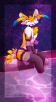 4_ears absurd_res anthro armwear avali blue_tongue chest_tuft clothing collar eyes_closed feathers femboy fur hi_res legs_in_water legwear lusciouslioness male multi_ear sitting smile smiling_at_viewer solo thigh_highs tongue tongue_out tuft vikas_avali water yellow_body yellow_fur