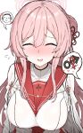 1girl absurdres blue_archive blush braid breasts closed_eyes commentary_request hair_bun halo highres kumiyabe large_breasts long_hair mimori_(blue_archive) netorare open_mouth pink_hair pink_halo shirt single_side_bun smile solo speech_bubble white_shirt 