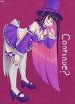  1girl absurdres apron artist_name bare_shoulders bent_over blue_eyes blunt_bangs bow bowtie breasts bright_pupils bustier capcom_fighting_jam cleavage closed_mouth collar colored_inner_hair commentary continue cosplay detached_collar detached_sleeves frilled_apron frilled_bustier frilled_skirt frilled_sleeves frills full_body hand_on_own_knee hat high_heels highres ingrid_(capcom) ingrid_(capcom)_(cosplay) ingrid_(midnight_bliss)_(capcom) large_breasts leaning_forward licking_lips long_hair looking_at_viewer midnight_bliss midriff miniapron miniskirt multicolored_hair nail_polish panty_&amp;_stocking_with_garterbelt pink_hair purple_bow purple_bowtie purple_hair purple_hat purple_shoes purple_sleeves red_background red_nails shoes signature simple_background skirt smile solo stocking_(psg) streaked_hair street_fighter street_fighter_6 suchimonix thigh_bow thighhighs tongue tongue_out top_hat two-tone_hair very_long_hair waist_apron white_collar white_pupils white_thighhighs 