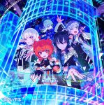  4girls ahoge album_cover asumi_sena bare_shoulders black_choker black_gloves black_hair blue_hair blue_nails blue_streaks choker commentary_request copyright_notice cover double_bun fang fingerless_gloves gloves hair_between_eyes hair_bun hair_ornament headphones highres honepink ichinose_uruha jacket jacket_partially_removed long_sleeves looking_at_viewer microphone midriff multicolored_hair multiple_girls nail_polish navel off_shoulder official_alternate_costume official_art one_eye_closed open_mouth orange_nails pink_eyes purple_eyes red_eyes red_hair short_hair skin_fang skirt smile streaked_hair thigh_strap thighhighs virtual_youtuber vspo! white_hair white_skirt white_thighhighs yano_kuromu yumeno_akari 