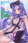  1girl bare_shoulders blue_gem blue_sky blush bow bowtie breasts closed_mouth clothing_cutout commentary cowboy_shot drill_hair drill_sidelocks frilled_one-piece_swimsuit frilled_wrist_cuffs frills gem hair_bow heart_cutout highres hollow_(zenless_zone_zero) long_hair medium_breasts navel official_alternate_costume one-piece_swimsuit outdoors palm_tree pointy_ears purple_bow purple_bowtie purple_hair purple_nails red_eyes sidelocks sky solo spoken_emoji sshooooe stomach_cutout sweat swimsuit tree twirling_hair two-tone_one-piece_swimsuit vivian_banshee vivian_banshee_(iris_of_the_shore) white_one-piece_swimsuit wrist_cuffs zenless_zone_zero 