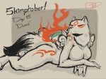 2025 4:3 4_fingers amaterasu_(okami) anthro anthrofied arm_markings arm_support arm_tuft bent_arm big_breasts biped black_nose black_tail black_text breasts butt canid canine canis capcom cheek_markings cheek_tuft claws digital_drawing_(artwork) digital_media_(artwork) elbow_tuft english_text eye_markings eyelashes eyes_closed facial_markings facial_tuft featureless_breasts feet female finger_claws fingers fluffy fluffy_tail fur fur_tuft geometric_background head_markings head_turned hi_res humanoid_hands leaning_on_elbow leg_markings light_body light_fur light_markings long_eyelashes lying mammal markings multicolored_body multicolored_fur multicolored_tail neck_tuft nude nude_anthro nude_female number okami_(capcom) on_front orange_markings pointy_ears prick_ears ravid_anml shadow shoulder_markings signature simple_background snout solo tail text thick_thighs thigh_markings three-quarter_view toes tuft two_tone_tail white_body white_breasts white_claws white_ears white_fur white_tail wolf