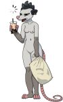 american_opossum anthro beverage bodily_fluids breasts brown_body bubble_tea casual_nudity drooling ear_piercing ear_ring empty_eyes feet female fingerless_(marking) genitals gloves_(marking) grey_body hi_res leg_markings loading_spinner mammal markings marsupial navel nipples nude open_mouth piercing pillow pink_fingers pink_nose pink_toes riggs_(cobalt_core) ring_piercing saliva simple_background slouching socks_(marking) solo standing tail tired tired_eyes toeless_(marking) vulva white_background yoona_starscale