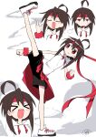 >_< :d :o absurdres ahoge black_shorts blush brown_hair clenched_hand commentary_request facing_viewer full_body generalcanon hair_between_eyes hand_up headband highres hood hoodie jitome kicking laughing long_hair looking_at_viewer looking_to_the_side looking_up multiple_views open_mouth original puff_of_air red_eyes red_headband shoelaces shoes shorts sidelocks sleeveless sleeveless_hoodie smile solo_focus split standing standing_on_one_leg standing_split sweatdrop takebana_nanoha v-shaped_eyebrows white_hoodie white_shoes wristband 
