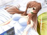  1girl 2000s_(style) bandages bed blush breasts brown_eyes brown_hair computer covered_nipples game_asset hospital_bed injury intravenous_drip large_breasts long_hair lying mahou_senshi_(series) mahou_senshi_symphonic_knights non-web_source official_art on_back pillow saitou_natsuki self-datamine solo tears variant_set visual_novel_cg yurise_ririna 