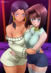  2girls absurdres asymmetrical_docking bare_shoulders blue_eyes blue_shorts blush breast_press breasts brown_hair cleavage closed_mouth collarbone collared_shirt cowboy_shot curtained_hair dark-skinned_female dark_skin dress english_commentary forehead hair_intakes hair_ornament hair_tubes hand_on_another's_waist highres holding indoors ishizu_ishtar large_breasts legs_together long_hair looking_at_viewer mazaki_anzu medium_hair multiple_girls off-shoulder_dress off_shoulder open_mouth purple_eyes purple_hair shiny_skin shirt shorts sleeveless smile tan thighhighs thighs v-shaped_eyebrows white_thighhighs wide_hips wide_sleeves yu-gi-oh! yu-gi-oh!_duel_monsters zel-sama 