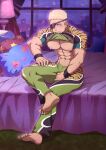  abs animal_print bara barefoot bedroom blonde_hair blue_eyes blush clothes_in_mouth clothes_lift commentary_request compression_shirt eyepatch facial_hair figure_four_sitting highres kqq large_pectorals looking_at_viewer male_focus mouth_hold muscular muscular_male nipples on_bed pants pectorals ramon_(kof) shirt shirt_in_mouth shirt_lift short_hair short_sleeves sitting sweat the_king_of_fighters the_king_of_fighters_xv tiger_print wristband 