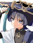  1boy armor black_bodysuit black_bridal_gauntlets black_hair blue_cape blue_hat blue_jingasa blunt_ends bodysuit bridal_gauntlets bright_pupils cape choppy_bangs closed_mouth covered_collarbone expressionless eyeliner genshin_impact gold hand_up hat hat_tip highres japanese_armor jingasa koganeiolf kote kurokote looking_to_the_side makeup male_focus mandarin_collar middle_ring portrait purple_eyes red_eyeliner scaramouche_(genshin_impact) short_sleeves shoulder_peek side_cape sketch solo tsurime wanderer_(genshin_impact) white_background white_pupils white_sleeves 