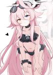  1girl adachi_(ttriwk) ahoge bikini black_bikini black_choker black_halo blue_archive blue_eyes choker commentary corrupted_halo cowboy_shot eyewear_on_head flat_chest frilled_bikini frilled_wristband frills halo hands_on_own_legs heart heterochromia highres hoshino_(blue_archive) hoshino_terror_(blue_archive) huge_ahoge leaning_forward long_hair navel orange_eyes original_terror_(blue_archive) pink_hair simple_background solo stomach sunglasses swimsuit thigh_strap very_long_hair white_background zoom_layer 
