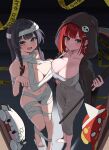  2girls absurdres akane_lize asymmetrical_docking bandages barefoot black_hair black_jacket blue_eyes blush bow braid breast_press breasts caution_tape cleavage closed_mouth commentary covered_navel creature cross cross_earrings dongtan_dress dot_nose dress earrings foreshortening from_above grey_dress grey_eyes haedungi_(shirayuki_hina) hair_bow hair_ornament hairclip hand_on_own_hip heart heart_hair_ornament highres holding holding_scythe hood hood_up hooded_jacket jacket jewelry korean_text large_breasts leg_up long_hair long_sleeves looking_at_viewer midriff mole mole_under_eye multiple_girls naked_bandage navel open_clothes open_jacket open_mouth parallel_hairclips pienna_(akane_lize) pongdo red_bow scythe shirayuki_hina side_braid sleeveless sleeveless_dress standing standing_on_one_leg stellive straight_hair translation_request v-shaped_eyebrows virtual_youtuber 