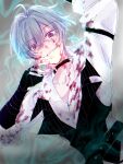  1boy absurdres ahoge belt belt_collar black_belt black_gloves blood blood_in_hair blood_on_arm blood_on_chest blood_on_clothes blood_on_face blood_on_gloves blood_on_hand buttons choker collar collarbone collared_shirt commentary_request crossed_bangs double-parted_bangs earrings fingerless_gloves genshin_impact gloves green_hair grin hair_between_eyes hair_intakes hekeeea02 highres jewelry lapels lohen_(genshin_impact) lohen_(standardized_test)_(genshin_impact) looking_at_viewer male_focus mole mole_under_eye multicolored_eyes official_alternate_costume open_collar pants pinstripe_pattern pinstripe_vest shirt short_hair single_earring smile solo vest waistcoat white_pants white_shirt 