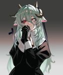  1girl animal_ears bell black_dress black_gloves black_sclera broom1216 colored_sclera commentary cow_ears cow_girl cow_horns cowbell crelly crelly_(mold_mother) cross cross-shaped_pupils dress english_commentary gloves green_hair grey_eyes grey_sclera heterochromia highres horns indie_virtual_youtuber light_smile long_hair makeup mismatched_sclera nun_headdress praying red_eyes runny_makeup simple_background solo symbol-shaped_pupils virtual_youtuber 