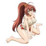  1girl :d antenna_hair bare_legs bare_shoulders barefoot between_legs blue_panties blush breasts brown_hair cleavage collarbone double-parted_bangs full_body game_asset glasses green_eyes hair_bobbles hair_ornament hand_between_own_legs high_ponytail ikkitousen ikkitousen_extra_burst japanese_clothes kimono large_breasts long_hair looking_at_viewer non-web_source official_art open_mouth panties ponytail red_shorts ryuubi_gentoku_(ikkitousen) self-datamine shorts simple_background sitting smile solo torn_clothes torn_kimono torn_shorts transparent_background underwear variant_set very_long_hair wariza white_kimono 