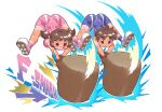  1boy 1girl absurdres ass blue_bodysuit blush_stickers bodysuit breasts brown_eyes brown_gloves brown_hair dark-skinned_female dark_skin gloves hammer highres ice_climber large_breasts log mallet minuspal multiple_girls nana_(ice_climber) open_mouth popo_(ice_climber) shoes short_hair short_twintails simple_background skin_tight smile sneakers spandex tan twintails white_background 