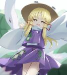  16sanrach 1girl animal animal_print blonde_hair brown_hat chinese_commentary commentary_request cowboy_shot frog_print hair_ribbon hat highres long_hair long_sleeves looking_at_viewer mishaguji moriya_suwako open_mouth oversized_animal purple_skirt purple_vest red_ribbon ribbon skirt smile snake touhou tress_ribbon vest white_snake wide_sleeves yellow_eyes 