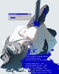  1boy absurdres animal_ears arknights black_hair black_pants blood blood_on_clothes blood_on_face blood_on_weapon blue_blood blue_screen_of_death breasts cleavage closed_eyes collarbone collared_shirt colored_blood commentary_request english_text facial_hair grey_hair highres impaled lots_of_pink lying male_focus nowell_(arknights) on_back pants pectoral_cleavage pectorals self-harm shirt simple_background solo stab stubble sword weapon white_shirt window_(computing) 