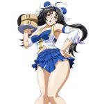  1girl :o ahoge armpits bamboo_steamer bare_shoulders black_hair blue_hairband blue_skirt breasts bun_cover chinese_clothes cleavage detached_sleeves double_bun feet_out_of_frame game_asset glasses hair_bun hair_ribbon hairband holding holding_tray ikkitousen ikkitousen_extra_burst kaku_bunwa_(ikkitousen) knees_together_feet_apart large_breasts layered_skirt long_hair long_sleeves looking_at_viewer low-tied_long_hair low_twintails non-web_source official_art open_mouth purple_ribbon red_eyes ribbon self-datamine shirt simple_background skirt sleeveless sleeveless_shirt solo torn_clothes torn_shirt torn_skirt torn_sleeves transparent_background tray twintails underbust variant_set white_headdress white_shirt white_sleeves 
