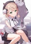  1girl arm_up beret between_legs black_bow black_bowtie black_hat black_skirt blonde_hair bow bowtie braid breasts cable_knit cardigan cardigan_partially_removed checkered_floor collared_shirt commentary cosplay demon_tail frilled_shirt frills green_eyes grey_cardigan grin hair_ornament hair_ribbon hairclip hand_between_own_legs hat heart_ring_strap highres hololive horned_hat indie_virtual_youtuber long_sleeves looking_at_viewer medium_breasts medium_hair miniskirt open_cardigan open_clothes parallel_hairclips pleated_skirt pom_pom_(clothes) pom_pom_hair_ornament ribbon shigure_ui_(vtuber) shirt sitting skirt sleeveless sleeveless_shirt sleeves_past_fingers sleeves_past_wrists smile socks solo tail toki_(toki_ship8) tokoyami_towa tokoyami_towa_(cosplay) tokoyami_towa_(jirai_kei) untranslatable_commentary virtual_youtuber white_shirt white_socks x_hair_ornament 