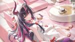  1girl absurdres ahoge bare_shoulders body_markings bow breasts choker cleavage commentary_request couch cup disposable_cup dragon_girl dragon_horns dragon_tail dress drinking_straw english_commentary from_above from_side hair_between_eyes hair_bow high_heels highres holding holding_cup horns huge_ahoge indoors knees_together_feet_apart kokonex leaning_back light_blush light_particles logo long_hair looking_at_viewer looking_to_the_side looking_up multicolored_eyes multicolored_hair multicolored_horns neverness_to_everness official_alternate_costume official_art official_wallpaper on_couch open_mouth pink_background purple_hair red_eyes shade shinku_(labyrinth_lily)_(nte) shinku_(nte) shy sitting solo streaked_hair sunlight table tail toes two-tone_hair two-tone_horns wavy_hair white_dress 