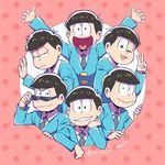  :&gt; black_hair bowl_cut brothers chin_rest circle formal male_focus matching_outfit matsuno_choromatsu matsuno_ichimatsu matsuno_juushimatsu matsuno_karamatsu matsuno_osomatsu matsuno_todomatsu monaka_(hinapipipi) multiple_boys necktie one_eye_closed osomatsu-kun osomatsu-san outstretched_arms polka_dot polka_dot_background protected_link red_background sextuplets siblings smile suit sunglasses twitter_username v 