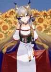  1girl :d absurdres alternate_costume arknights bare_shoulders blonde_hair bow braid collarbone colored_extremities commentary_request dirndl dr.lamina dragon_girl dragon_horns dress flower german_clothes green_eyes grey_hair hair_between_eyes hair_bow hair_intakes highres holding_own_dress horns jewelry light_blush light_particles long_hair looking_at_viewer multicolored_hair necklace open_mouth partial_commentary pointy_ears purple_hair red_dress short_sleeves shu_(arknights) smile solo sunflower very_long_hair white_bow white_dress 
